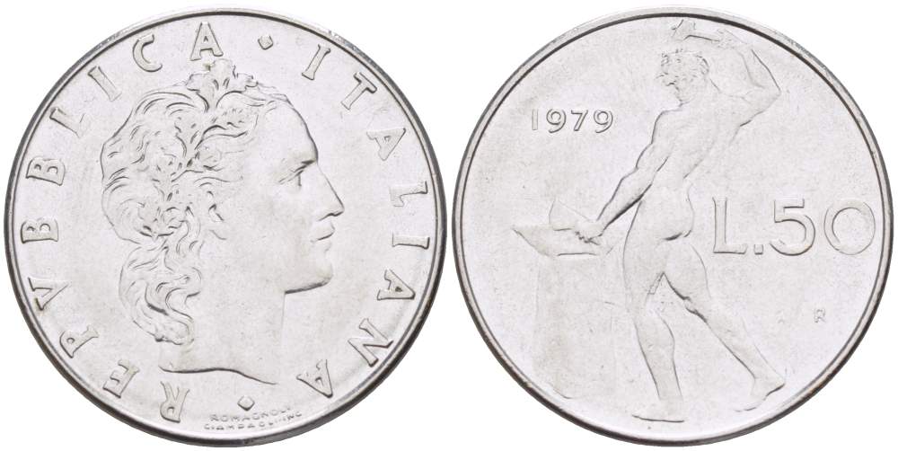 ИТАЛИЯ 50 ЛИР 1979 R, КУЗНЕЦ KM 95.1 нержавеющая сталь 4523-711