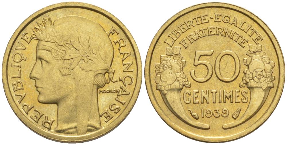 ФРАНЦИЯ 50 САНТИМОВ 1939 ТИП MORLON KM 894.1, LE FRANC 192.15 алюминиевая бронза 44-858