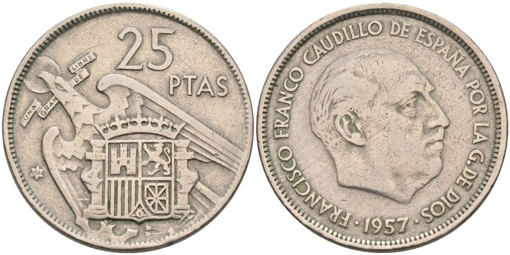 Испания 25 песет 1957 (64) Франциско Франко (1939-1975) KM 787 медно-никель 4574-435