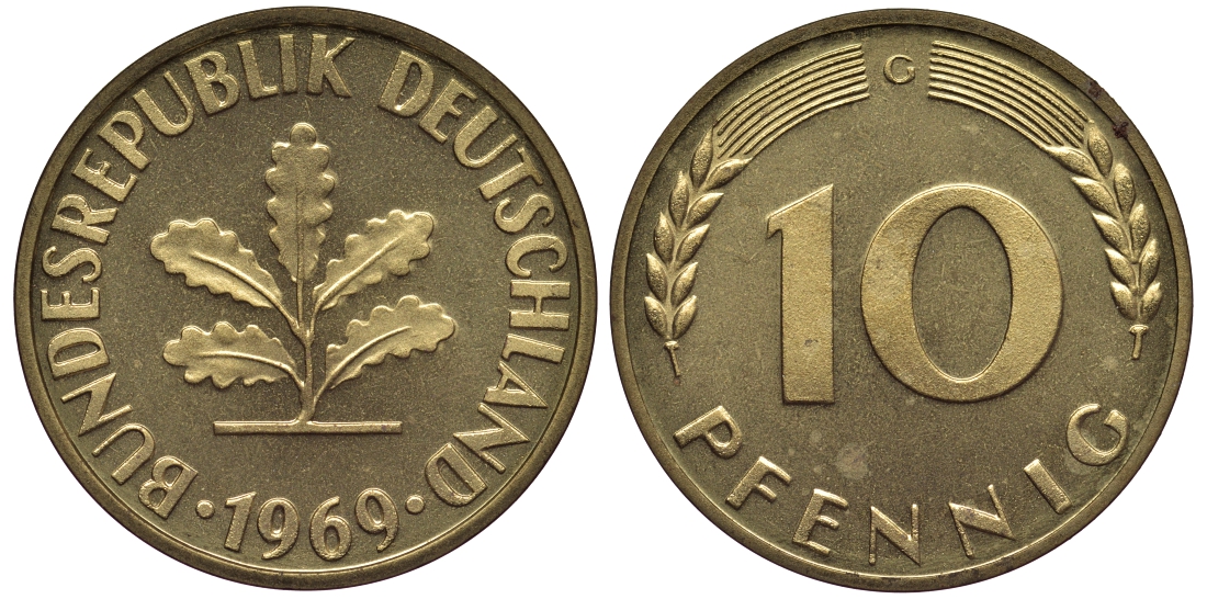 ФРГ 10 пфеннигов 1969 G KM 108, J.383 сталь плакированная латунью PROOF 1099-4-32