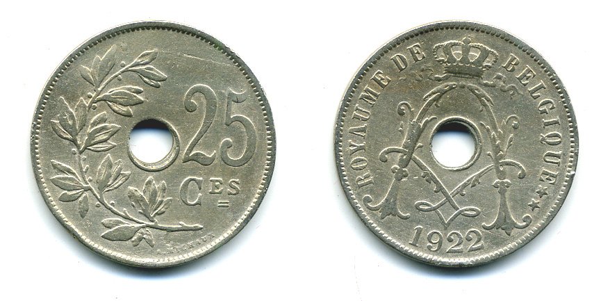 БЕЛЬГИЯ 25 САНТИМОВ 1922 BELGIQUE KM 68.1 медно-никель 57-221
