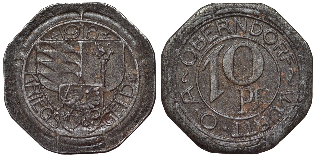 Оберндорф 10 пфеннигов 1918  Funck 392.2, Men05 19547.4, Men18 24506.4 железо     4119-1234