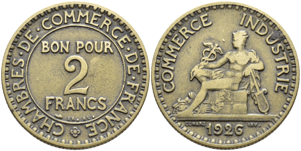 ФРАНЦИЯ 2 ФРАНКА 1926 KM 877 алюминиевая бронза 3334-846