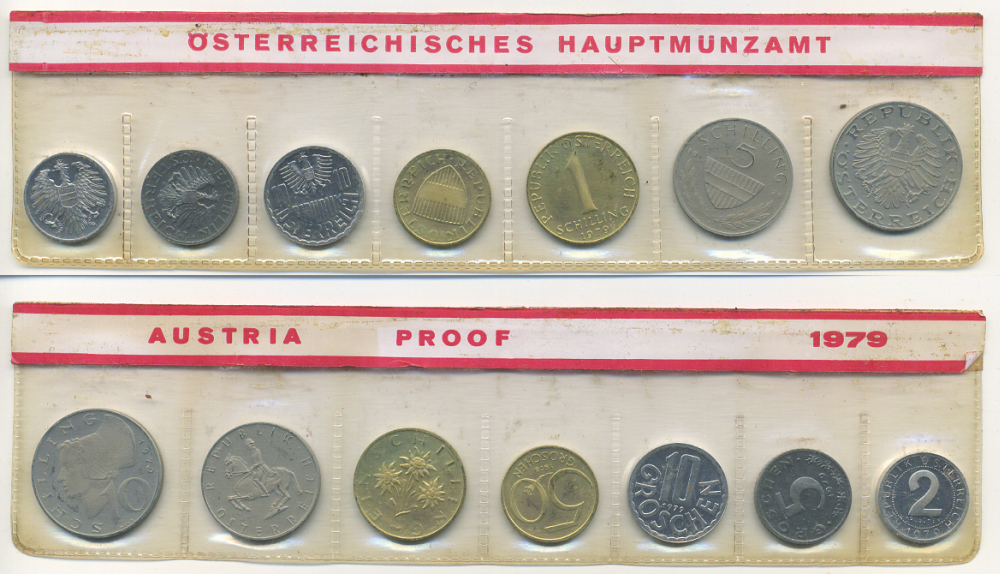 Австрия набор из 7 монет  1979  2, 5, 10, 50 грошей, 1, 5, 10 шиллингов, в целлофане KM PS 39 PROOF 4400-3-2