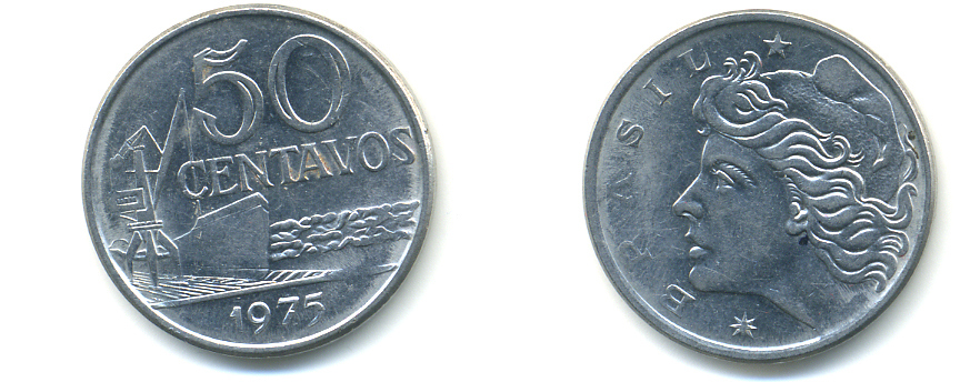 Бразилия 50 сентаво 1975 голова свободы влево KM 580a, Schon 85a нержавеющая сталь UNC 86-1044