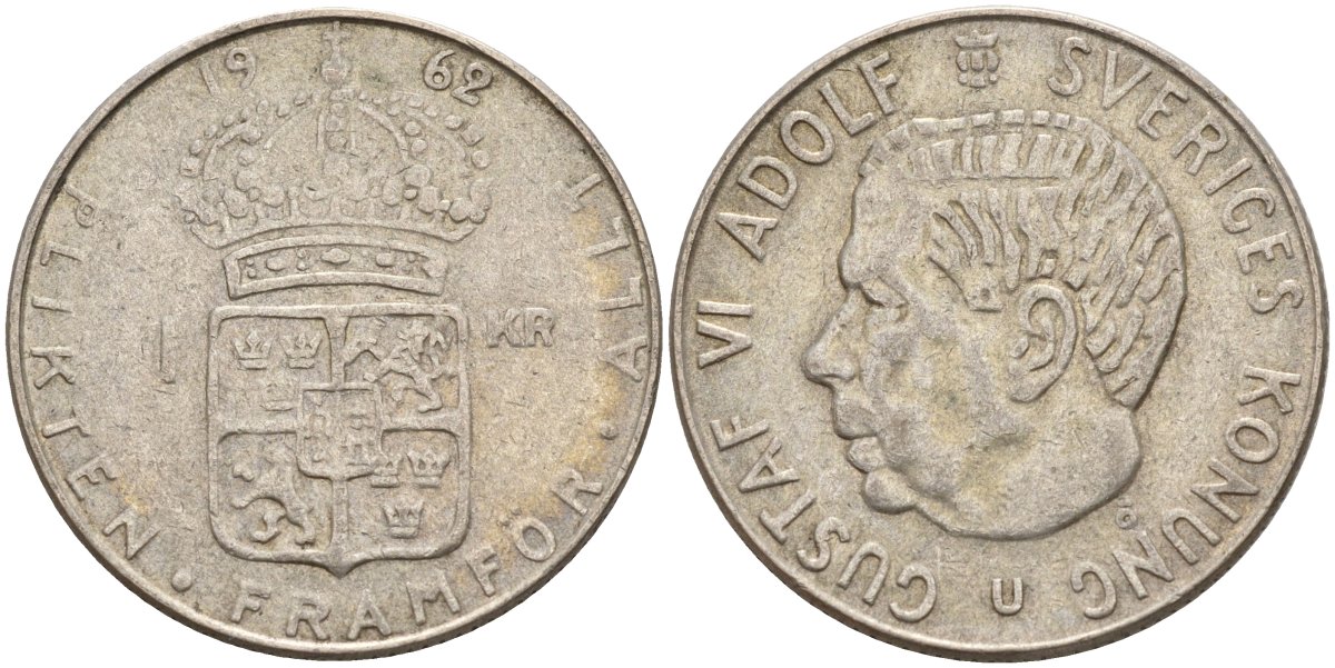 Швеция 1 крона 1962 U, Густав VI Адольф (1950-1973) KM 826 серебро 4150-123
