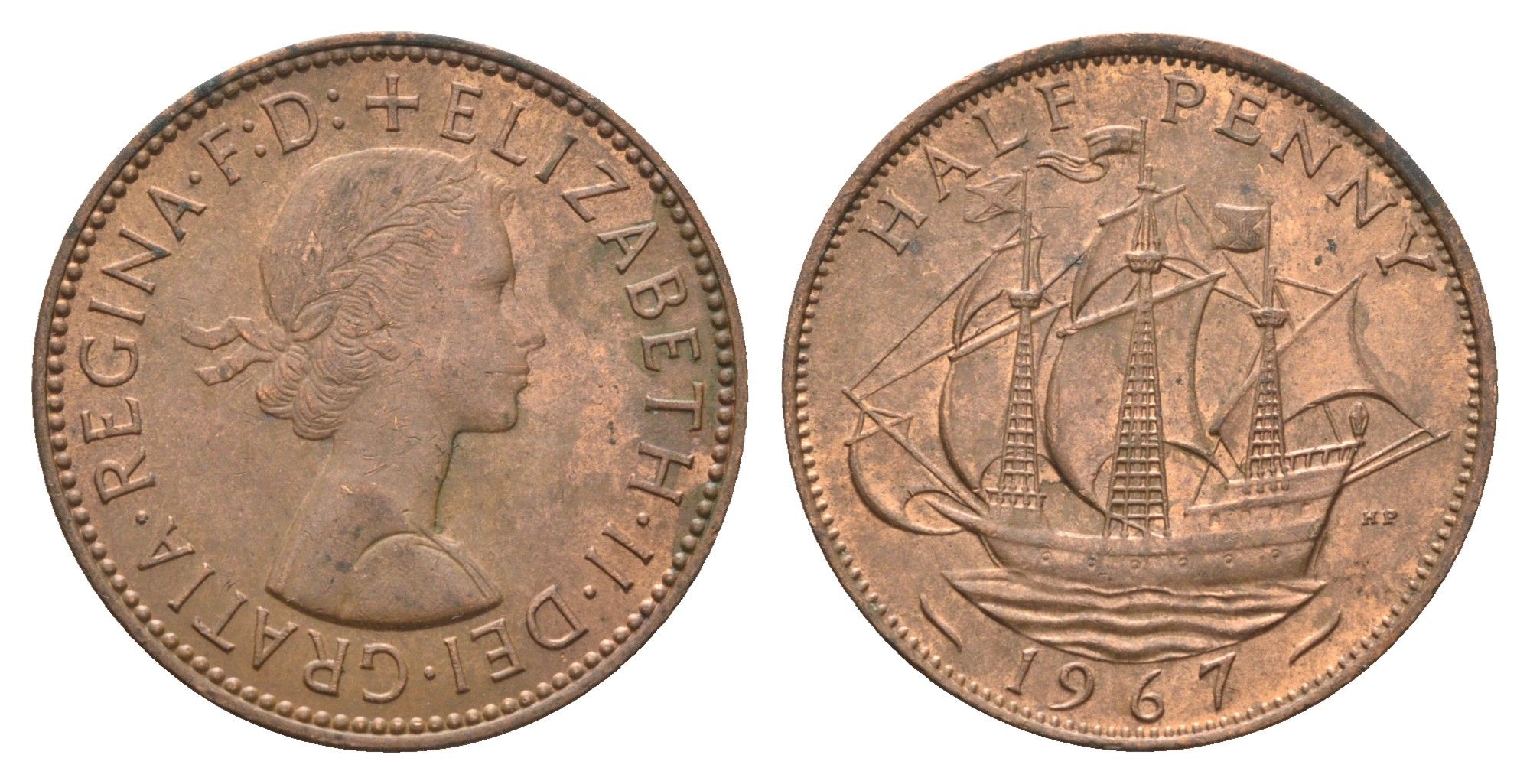 Великобритания 1/2 пенни 1967 Елизавета II (1952-2022) KM 896, Spink 4158 бронза 4663-135