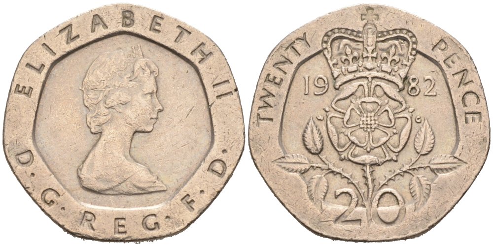 Великобритания 20 пенсов 1982 Елизавета II (1952-2022) KM 931, Spink 4230 (G1) медно-никель 4513-255