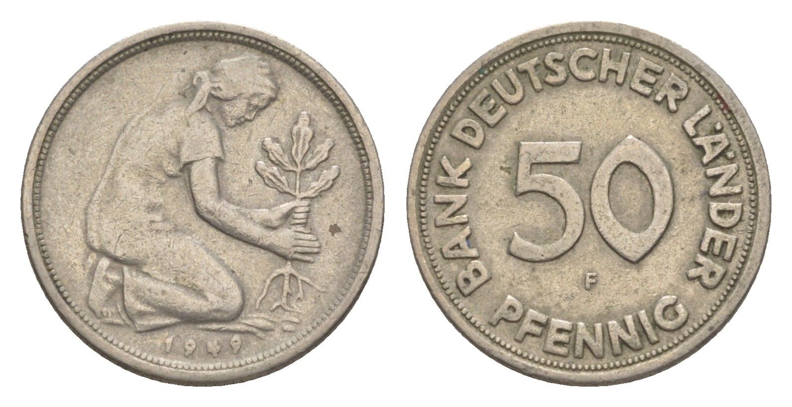 ФРГ 50 пфеннигов 1949 F KM 104, J. 379 медно-никель 4636-825