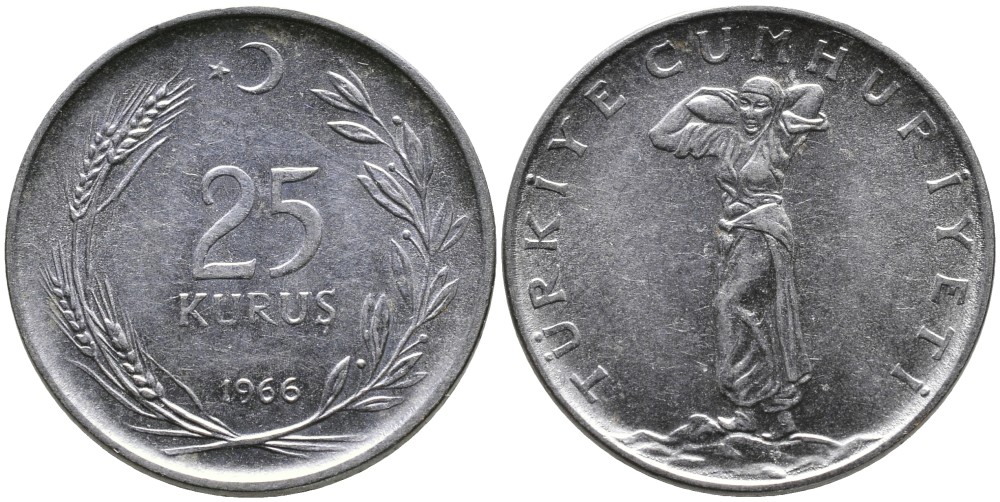 Турция 25 курушей 1966 KM 892.2 нержавеющая сталь 4541-555