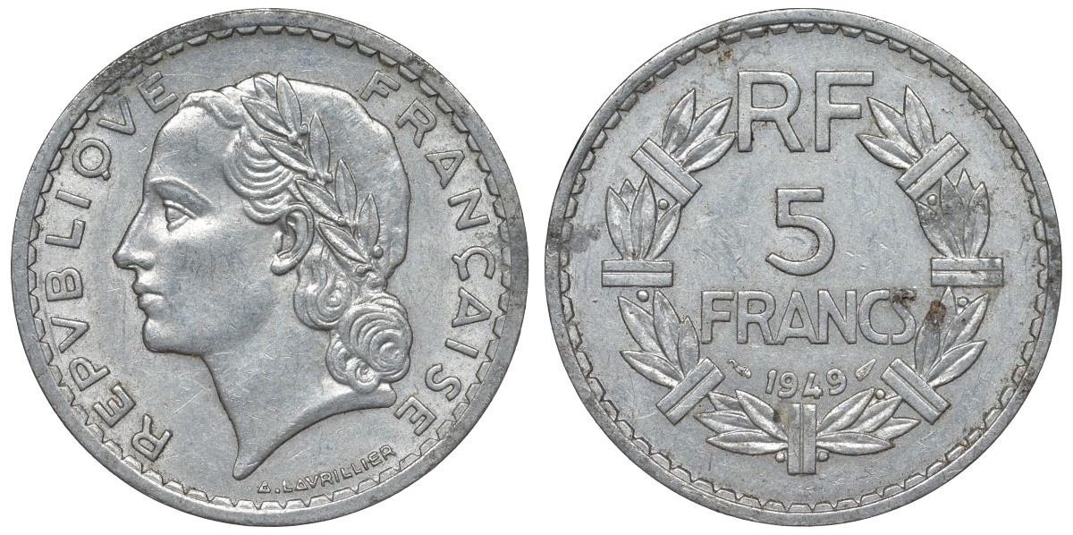 Франция 5 франков 1949 closed 9 KM 888b.1, Le Franc 339.17 алюминий 4123-536