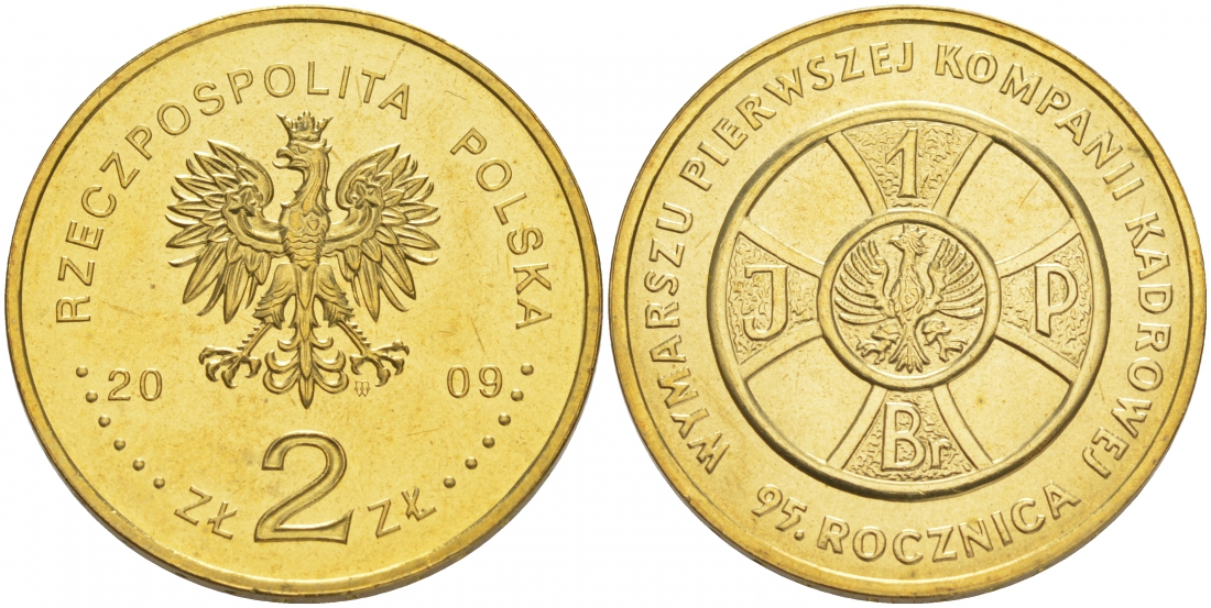 Польша 2 злотых 2009 MW, 95 лет маршу первой кадровой компании KM 690 латунь UNC M19-17