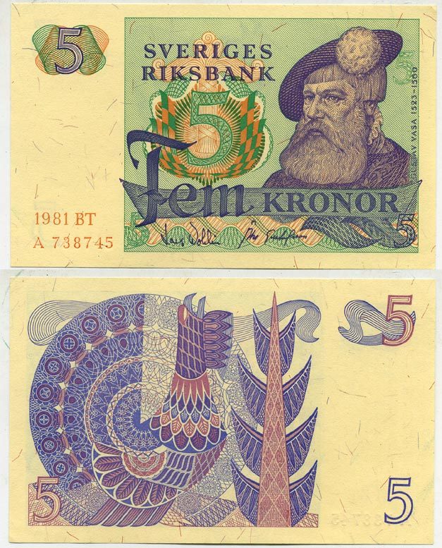 Швеция 5 крон 1981 BT, Густав I Ваза Pick 51d бумага aUNC 444-23-2