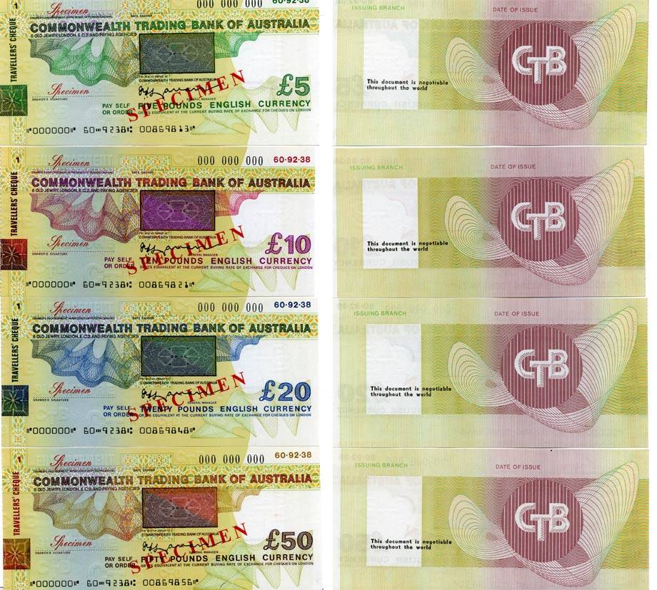 АВСТРАЛИЯ НАБОР ИЗ 4 ДОРОЖНЫХ ЧЕКОВ (5, 10, 20Б 50 ФУНТОВ) COMMONWEALTH TRADING BANK OF AUSTRALIA (LONDON, 8 OLD JEWRY), SPECIMEN бумага UNC (ПРЕСС) 6280-19-3-2