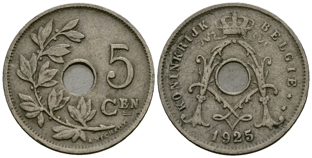 Бельгия 5 сантимов 1925 KONINGRIJK BELGI? KM 67 медно-никель 4164-1032
