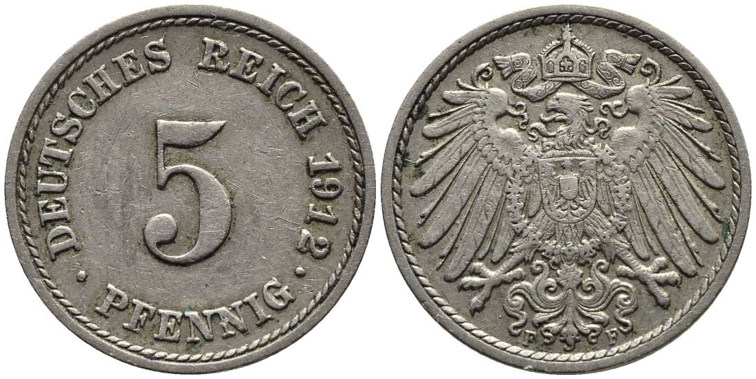 ГЕРМАНИЯ 5 ПФЕННИГОВ 1912 F KM 11, Jager 12, Weege 6 медно-никель 4547-531
