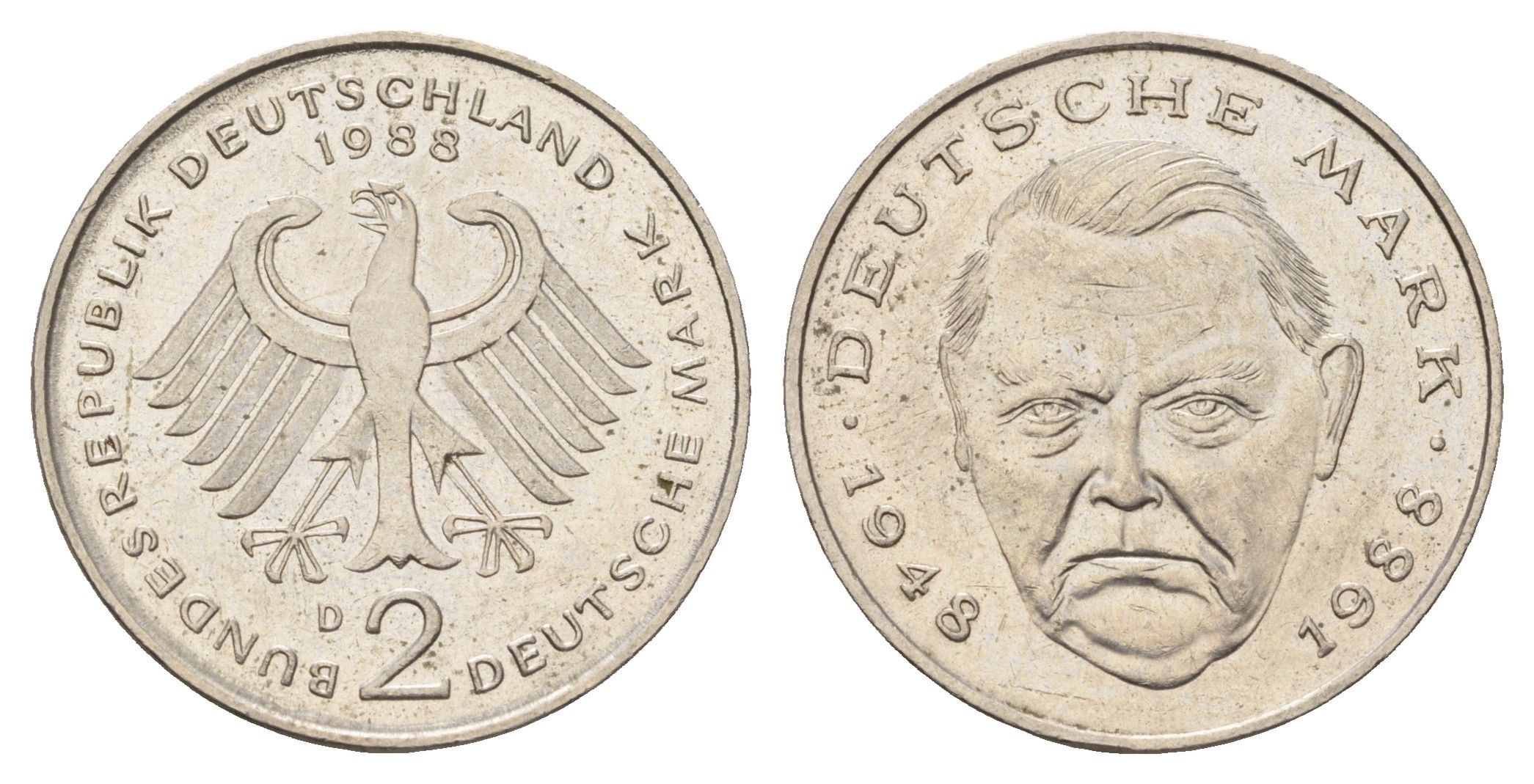 ФРГ 2 марки 1988 D, Людвиг Эрхард, 40 лет Федеративной Республике (1948-1988) KM 170, J. 445 медно-никель 3459-1015