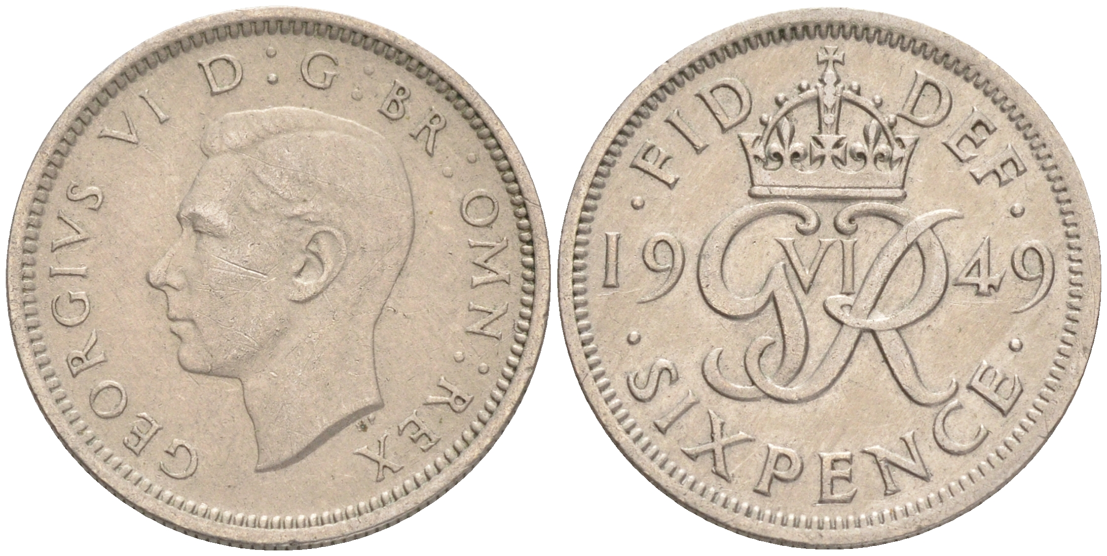 Великобритания 6 пенсов 1949 Георг VI (1936-1952) KM 875, Spink 4110 медно-никель 192-226