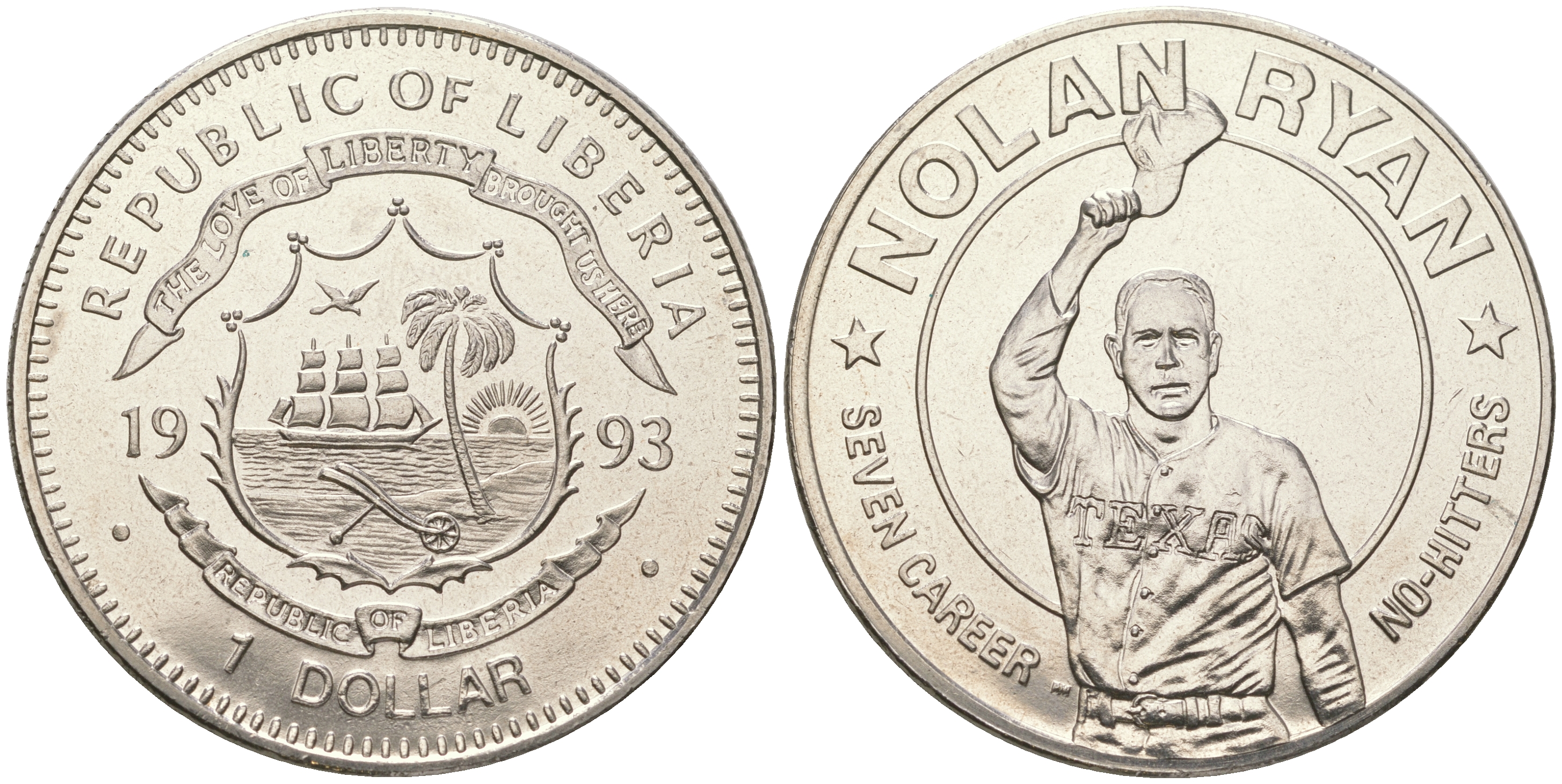 Либерия 1 доллар 1993 Нолан Райан, бейсбол KM 101 медно-никель  UNC  4368-111