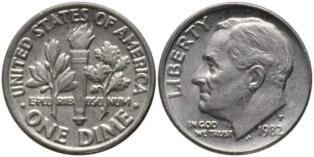 США 10 центов (дайм) 1982 P, Рузвельт KM 195а медь плакированная медно-никелем 112-644