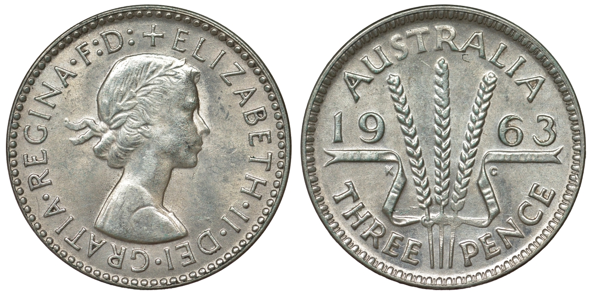 Австралия 3 пенса 1963 m, Елизавета II (1952-2022) KM 57 серебро 71-947