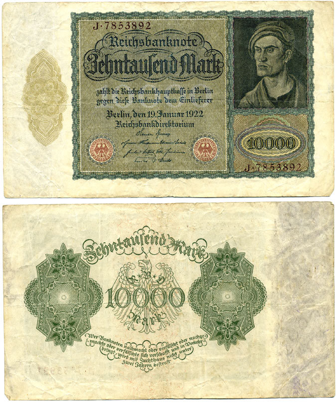 ГЕРМАНИЯ 10000 МАРОК 1922 19 ЯНВАРЯ 1922, АЛЬБРЕХТ ДЮРЕР Pick 71 бумага 2192-65-1