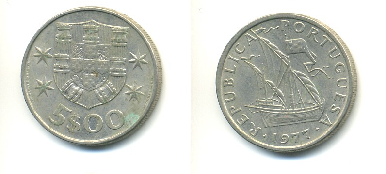 ПОРТУГАЛИЯ 5 ЭСКУДО 1977 ПАРУСНИК KM 591 медно-никель 176-245