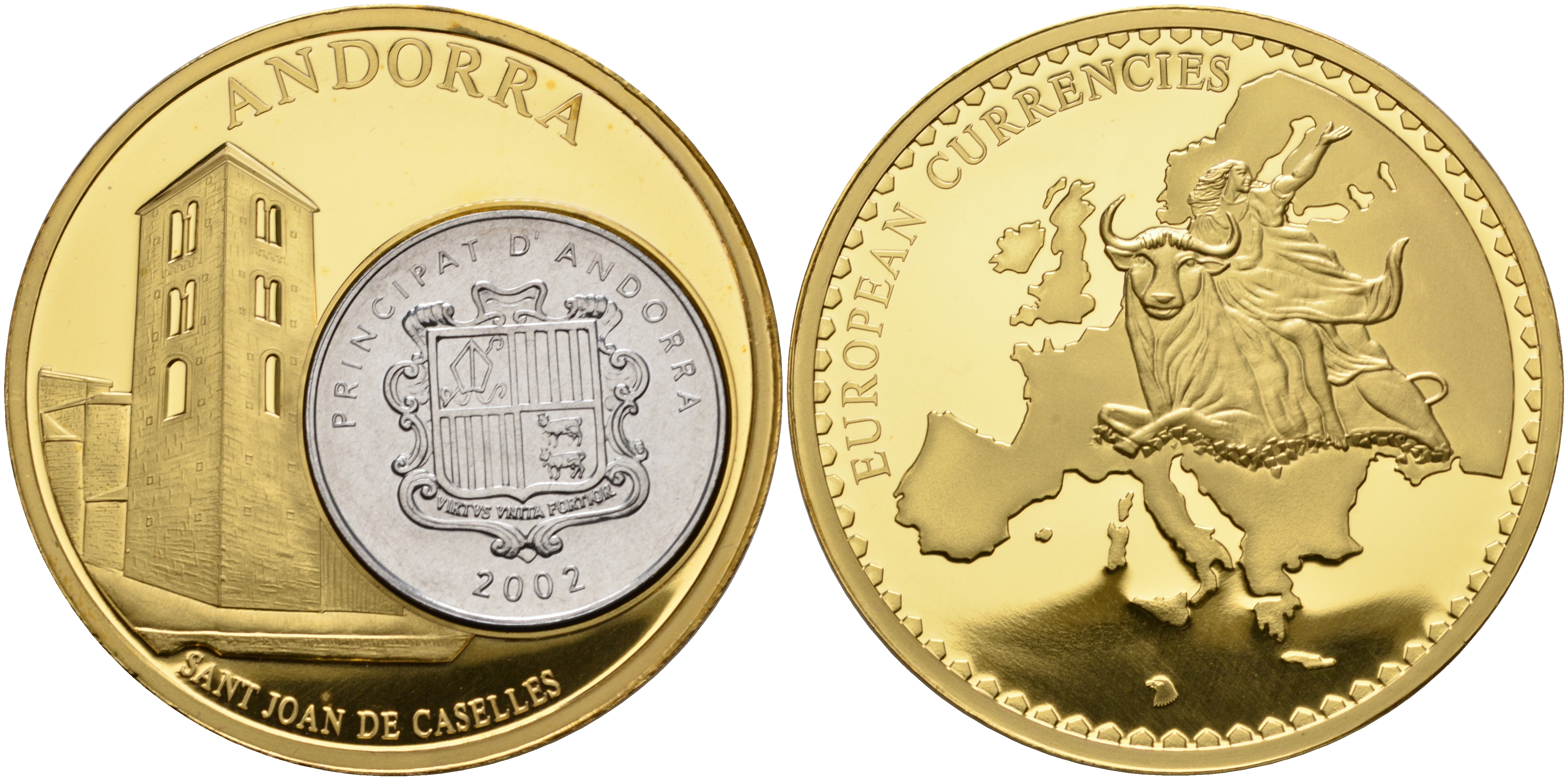 НИДЕРЛАНДЫ МЕДАЛЬ ND МОНЕТА НА МЕДАЛИ, СЕРИЯ ДОЕВРОВЫЕ ЕВРОПЕЙСКИЕ МОНЕТЫ, АНДОРРА 1 САНТИМ 2002 ЧАРЛЬЗ ВЕЛИКИЙ, ЦЕРКОВЬ СВЯТОГО ИОАННА В КАНИЛЛО, ДИАМЕТР 50 ММ. позолота PROOF 1069-4-32