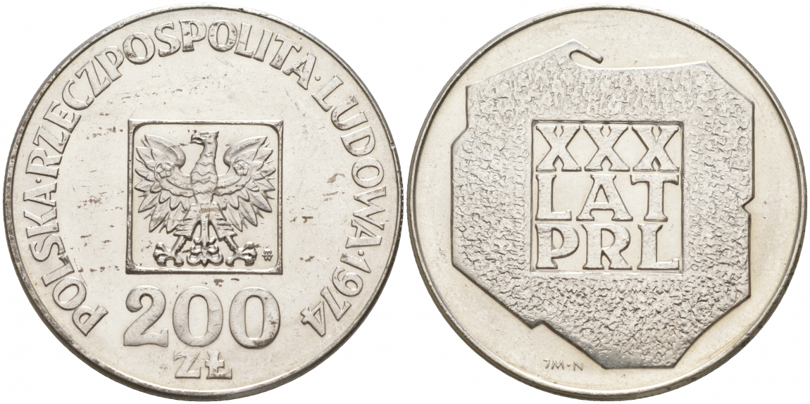 Польша 200 злотых 1974 MW, 30 лет Народной Республике KM 72, Parchimowicz 304а серебро 69-335