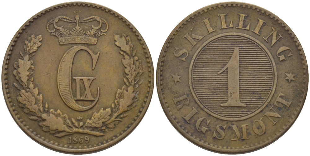 ДАНИЯ 1 СКИЛЛИНГ 1869 КРИСТИАН IX (1863-1906) KM 774 бронза 100-338