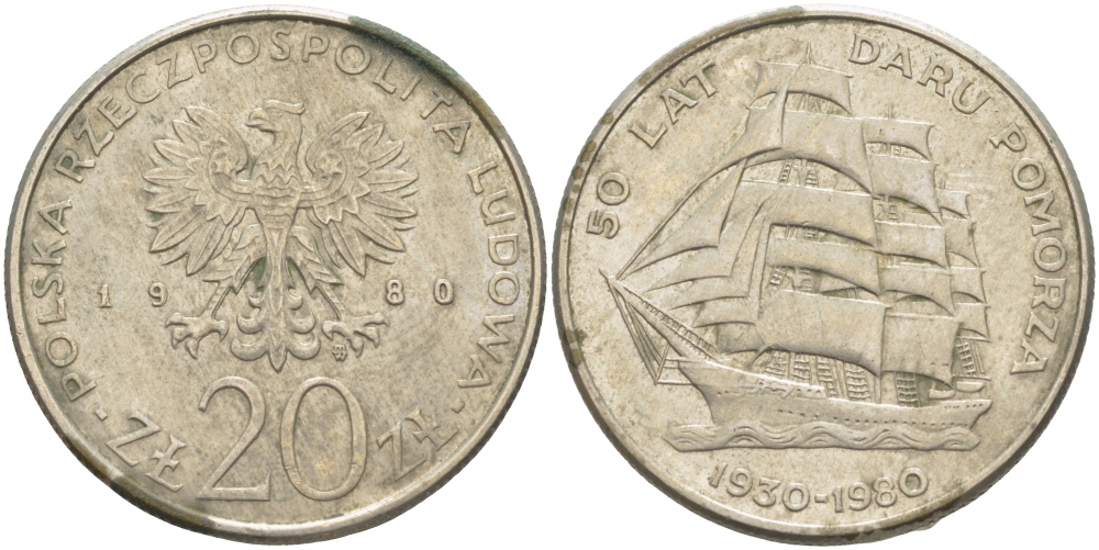 Польша 20 злотых 1980 MW, 50 лет фрегату «Дары Поморца» KM 112, Parchimowicz 253 медно-никель 3457-521