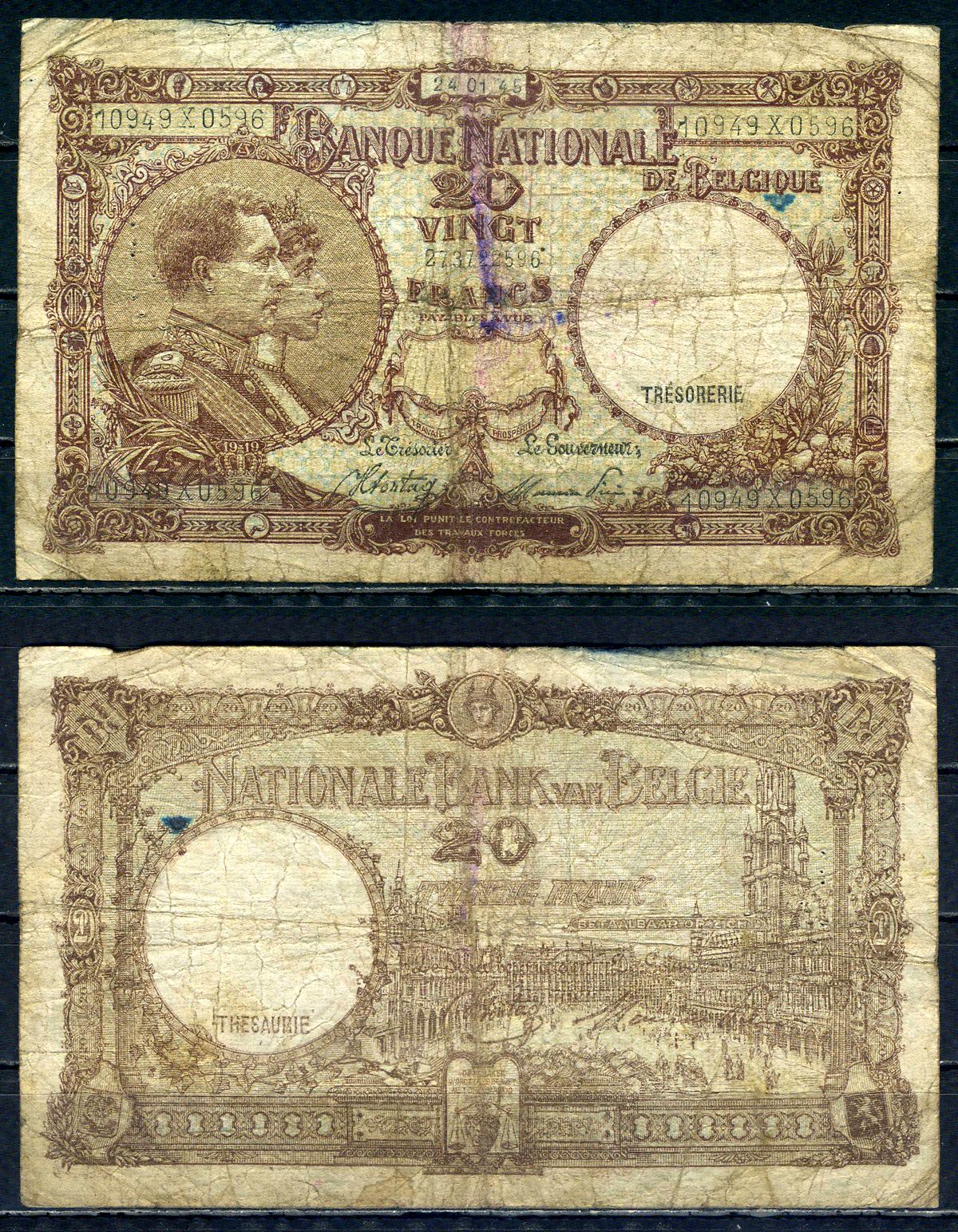 Бельгия 20 франков 1945 24.01.1945, Король Альберт I и его жена Королева Елизавета, Гран-Плас / Гроте Маркт, Брюссель Pick 111 (3) бумага 6301-13-1-1