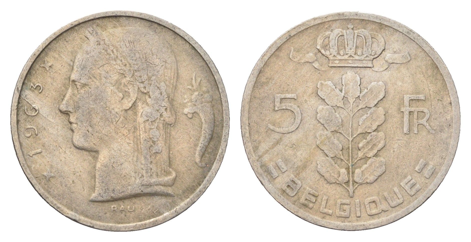 Бельгия 5 франков 1963 Belgique, Бодуэн I (1951-1993) KM 134 медно-никель 4704-1052