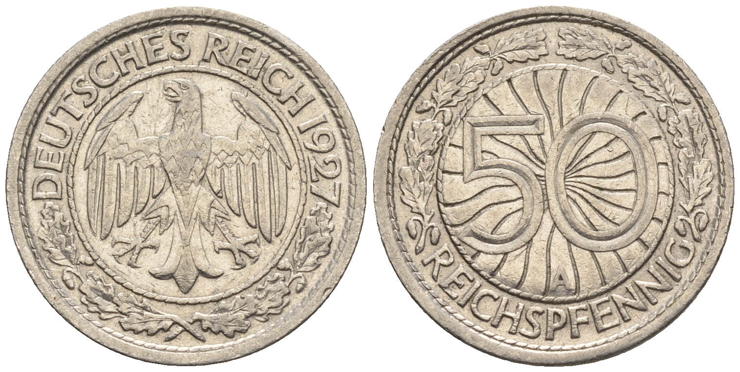 Германия 50 рейхспфеннигов 1927 A KM 49, J. 324 никель 60-1141