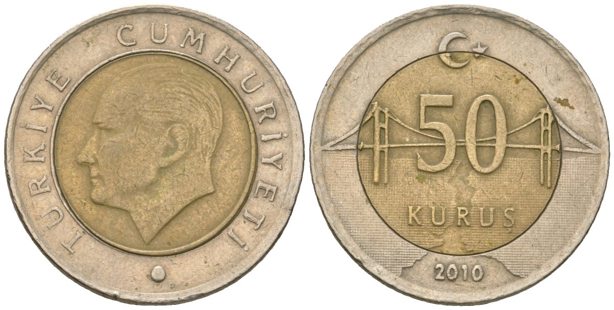 Турция 50 курушей 2010 KM 1243 биметалл 4610-1133