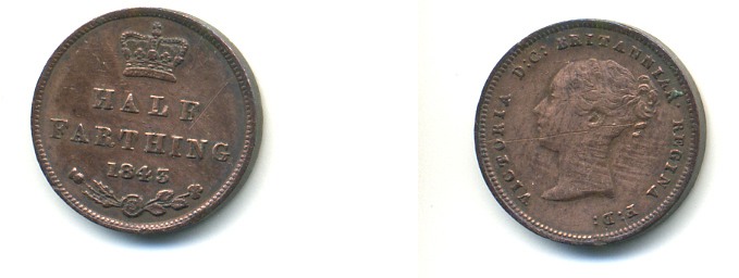 Великобритания 1/2 фартинга 1843 Виктория (1837-1901) KM 738, Spink 3951 медь 83-431