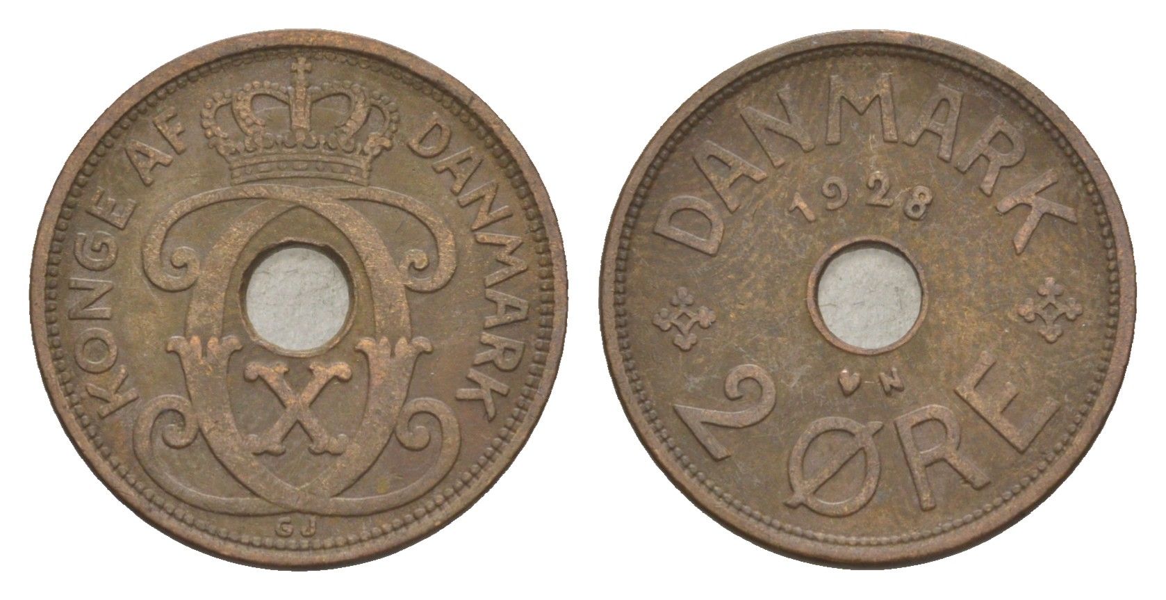 Дания 2 эре 1928 N, Кристиан X (1912-1947) KM 827 бронза 4639-736