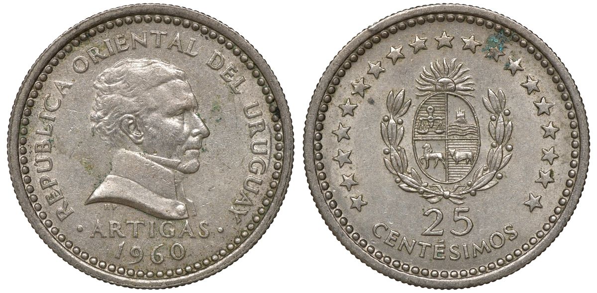 Уругвай 25 сентесимо 1960 KM 40 медно-никель 4169-933