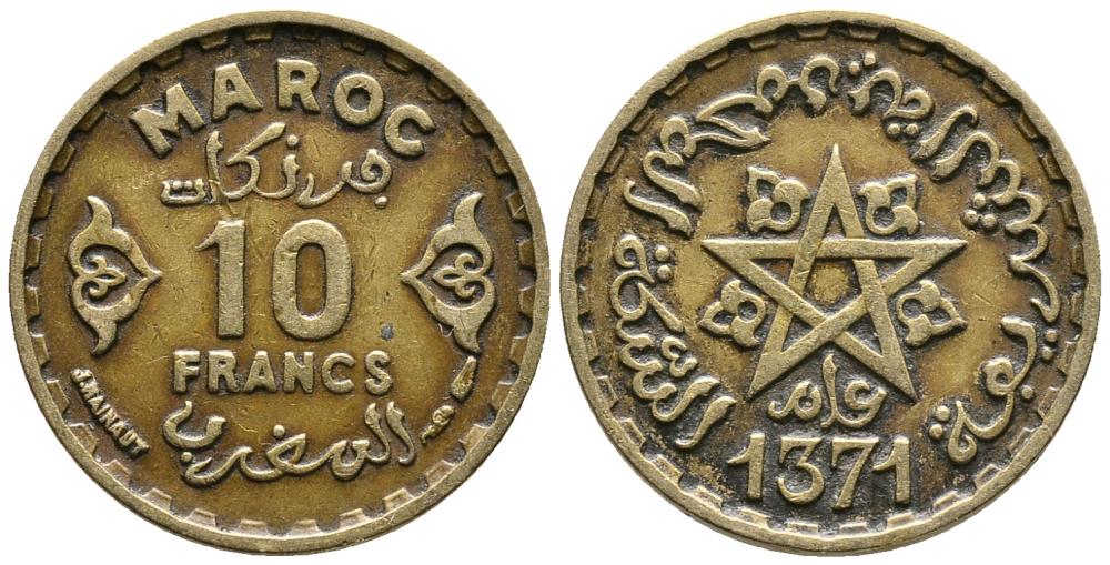 Марокко 10 франков 1952 АН1371, Мухаммед V (1346-1381) (1927-1962), французский протекторат KM 49 алюминиевая бронза 4549-646