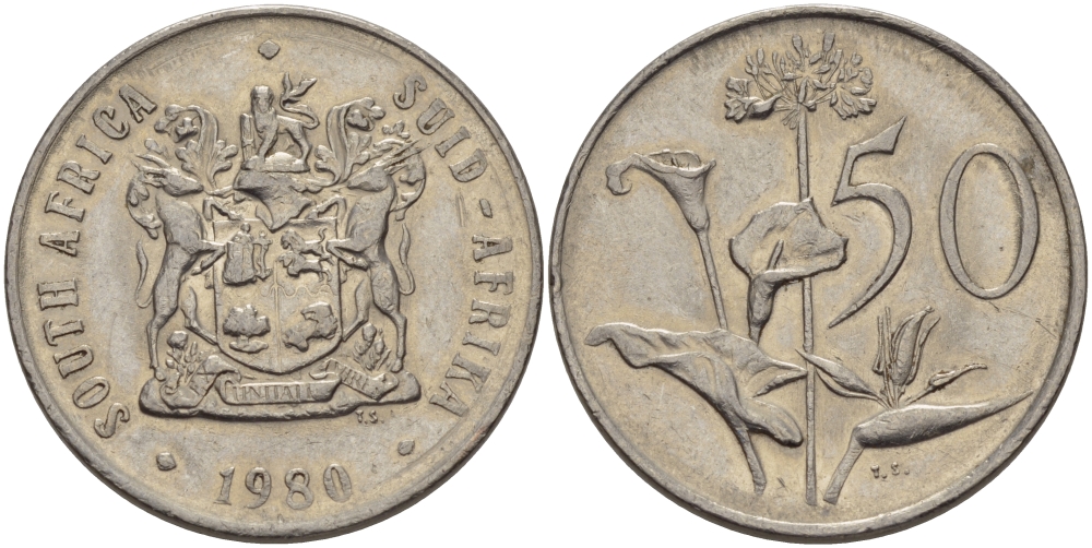 ЮАР 50 центов 1980 Зантедеския Эллиота (калла), герб KM 87 никель 32-1133
