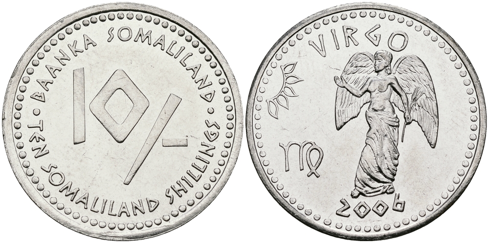 Сомалиленд 10 шиллингов 2006 СЕРИЯ ЗНАКИ ЗОДИАКА, ДЕВА KM NEW никелированная сталь UNC 540-835