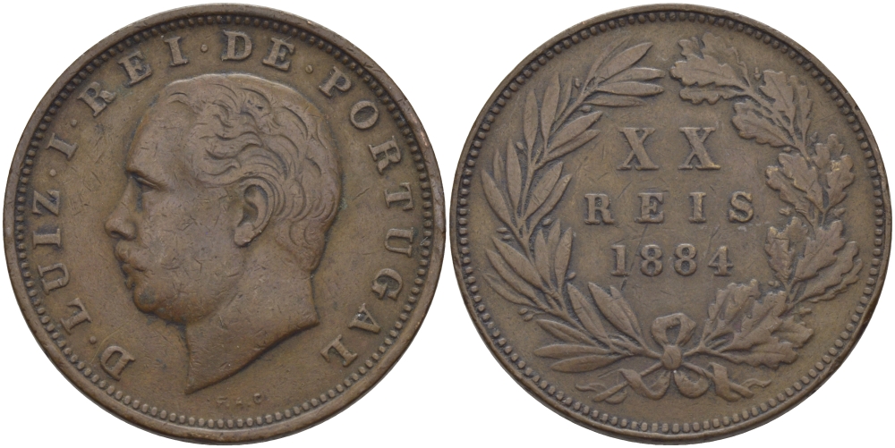 ПОРТУГАЛИЯ 20 РЕЙСОВ 1884 ЛУИШ (ЛЮДОВИК) I (1861-1889) KM 527 бронза 97-942