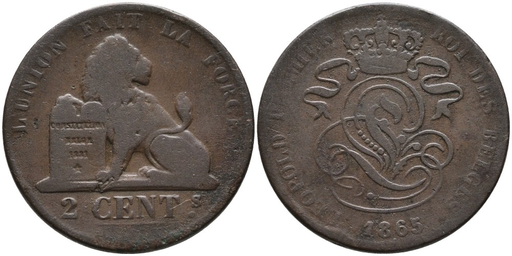 БЕЛЬГИЯ 2 САНТИМА 1865 BELGES KM 4.2 медь 95-652
