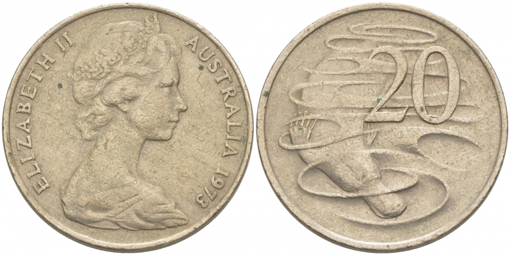 Австралия 20 центов 1973 Елизавета II (1952-2022), утконос KM 66 медно-никель 3457-213