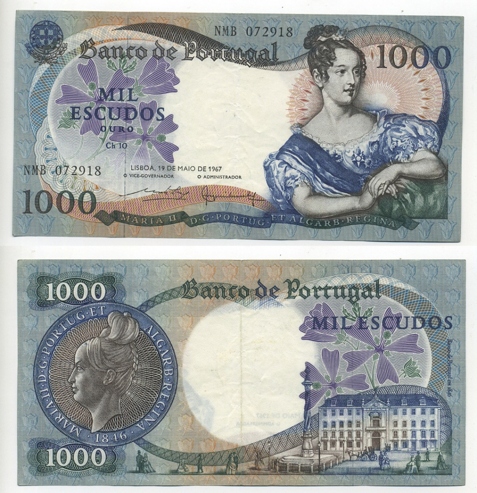 Португалия 1000 эскудо 1967 королева Мария II, Центральный банк, Emílio Rui da Veiga Peixoto Vilar, Joaquim Cavaqueiro Mestre Pick 172 b(2) бумага 451-414-3