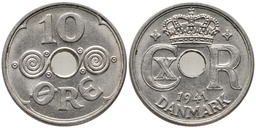 ДАНИЯ 10 ЭРЕ 1941 N; GJ, КРИСТИАН X (1912-1947) KM 822.2 медно-никель 100-723