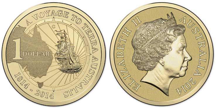 Австралия 1 доллар 2014 200 лет путешествию к неведомой земле (открытие Австралии), парусник KM 2162 алюминиевая бронза UNC M46-03