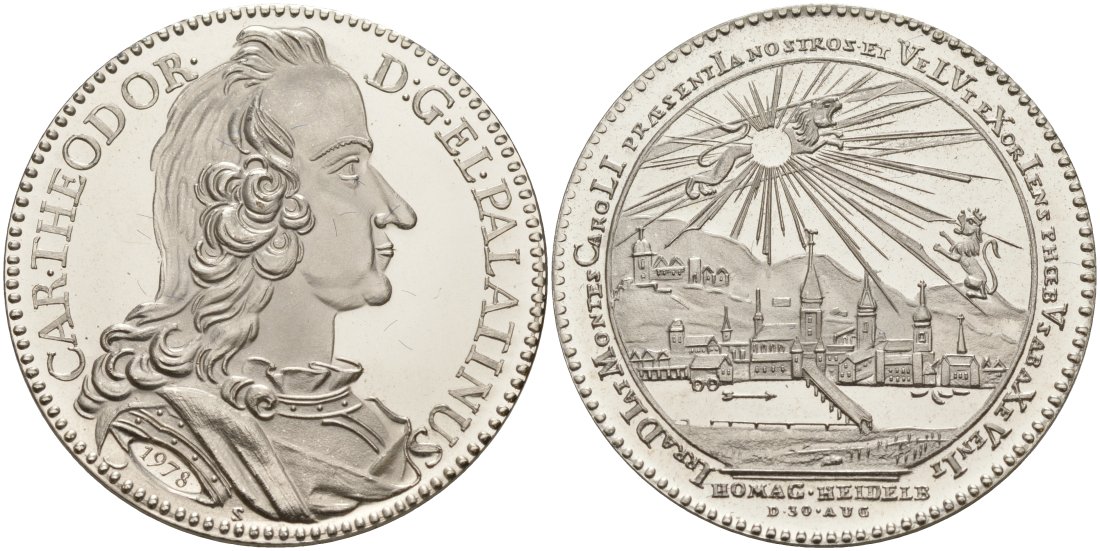 Германия медаль 1978 реплика, Гильдельберг шаугульден 1746 года, курфюрст Карл Теодор, проба 835, вес 14 гр., диаметр 33,5 мм., в оригинальной коробке, с сертификатом, эмитент BFG ( банк общей экономики) серебро PROOF 3-4-3-30