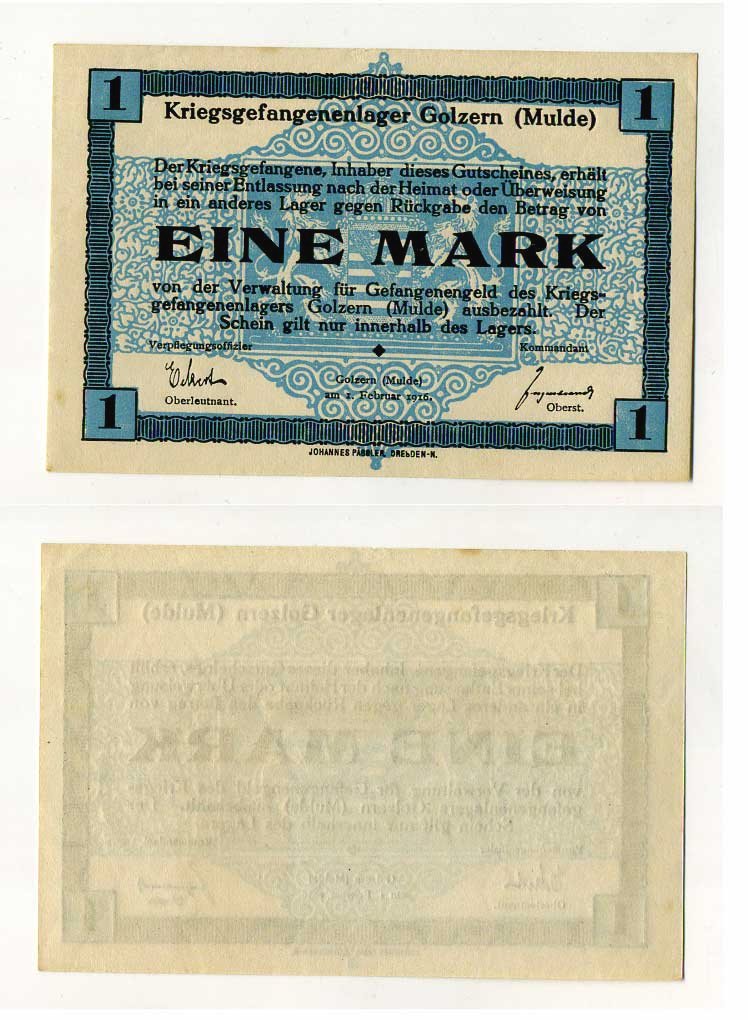 Германия 1 марка 1916 Голцерн (Мюльде), лагерь военнопленных, без печати C-3015 бумага UNC (пресс) 000-00-00