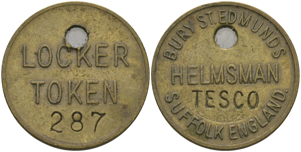 АНГЛИЯ ЖЕТОН, ТОКЕН ND BARY ST. EDMUNDS HELMSMAN TESCO SUFFOLK ENGLAND, LOCKER TOKEN №287 латунь 98-844